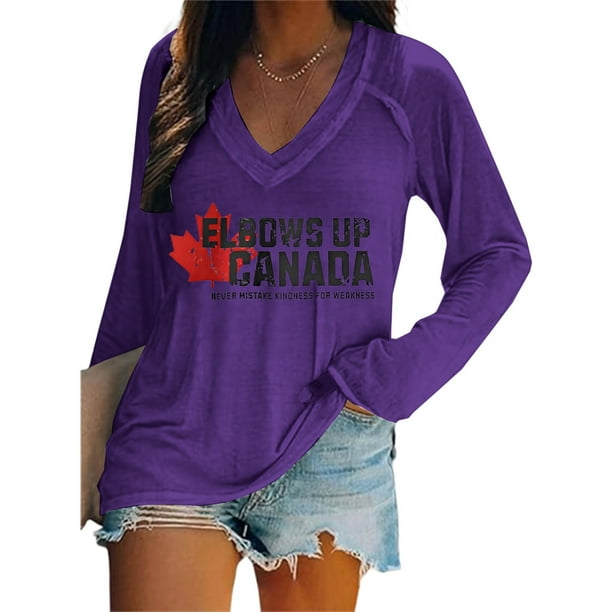 MHFRRA Camiseta de Manga Larga con Cuello En V y Estampado de La Bandera de Canadá para Mujer Morado Oscuro