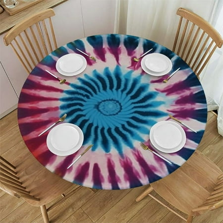 Awypu Round Fitted Tablecloth Colorful Tie Dye Table Cloth with Elastic Edged Waterproof Wipeable Round Table Cover for Patio Parties Outdoor Decor White