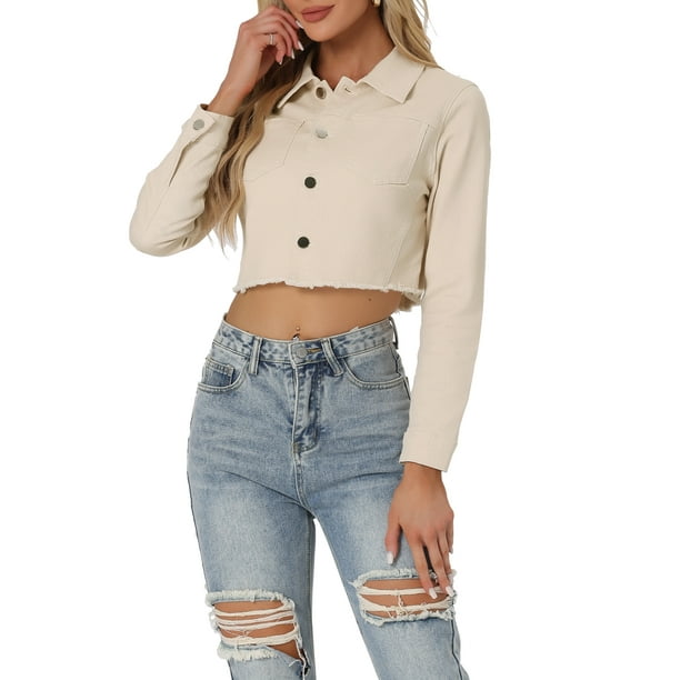 CHAQUETA DE DENIM CORTA LAVADA BEIGE PARA MUJERES CON CUELLO CAÍDO Y BOTONES FRANQUEADOS DE INSPIRACIÓN CHIC PRIMAVERA VERANO TAMAÑO XS