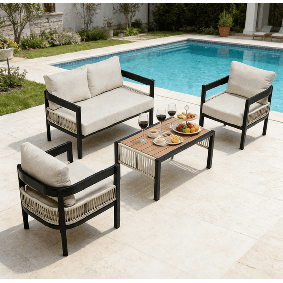 Syngar 4-Piece Patio Furniture Set,Outdoor Sofa Set,Weather-Resistant Metal Rattan with with wooden Table & Waterproof Cushions, All-Weather Garden Lawn Outdoor Conversation Set,Beige