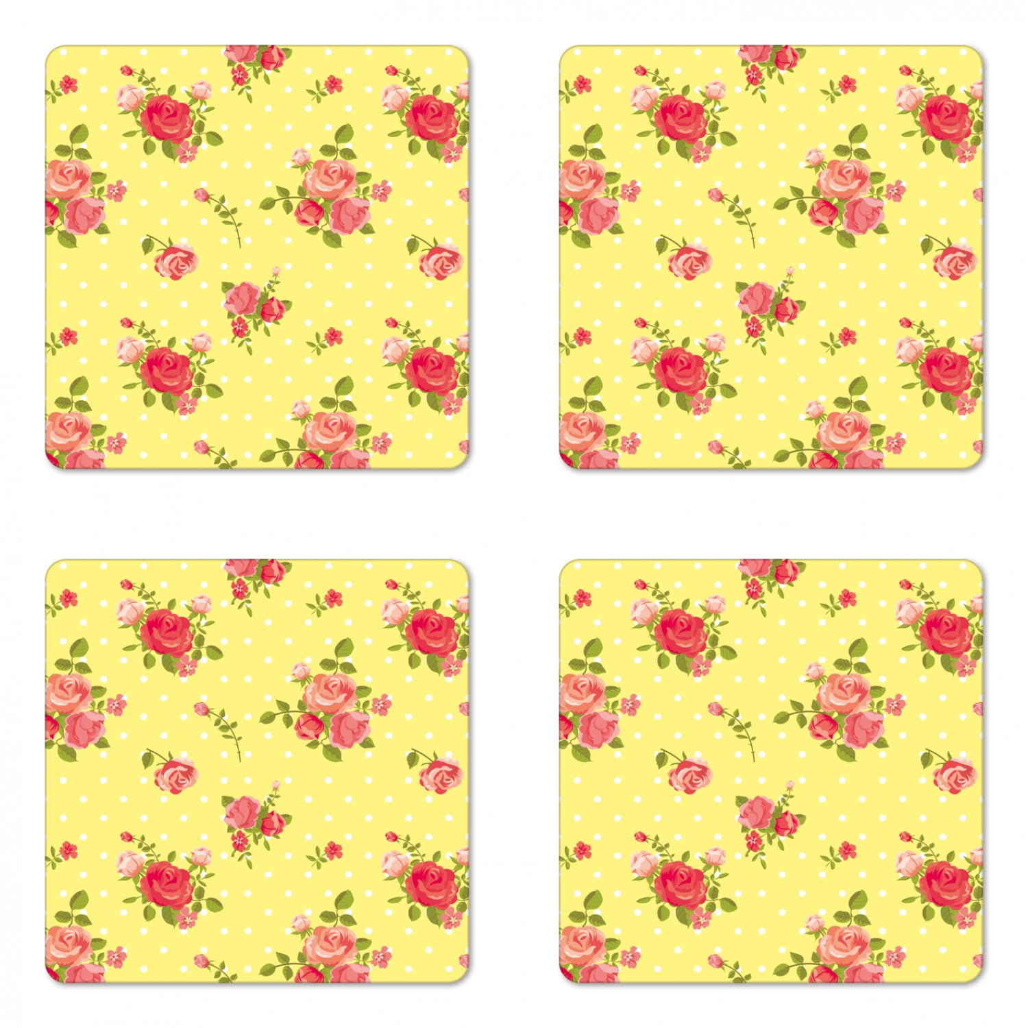 Rose Coaster Set Of 4 Old Fashioned Pattern Feminine Romantic Bouquets Corsage On Dotted