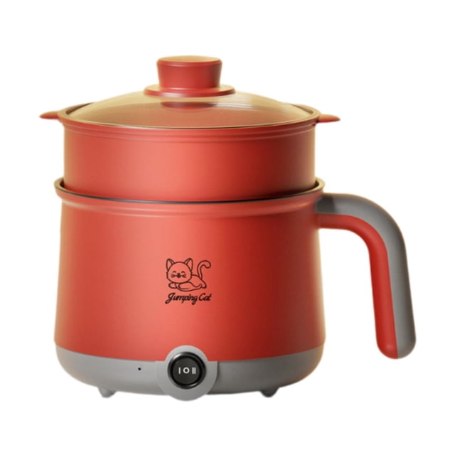 Olla eléctrica portátil con vaporera, olla antiadherente para cocinar fideos, albóndigas, filetes, ramen, huevos gris rojo