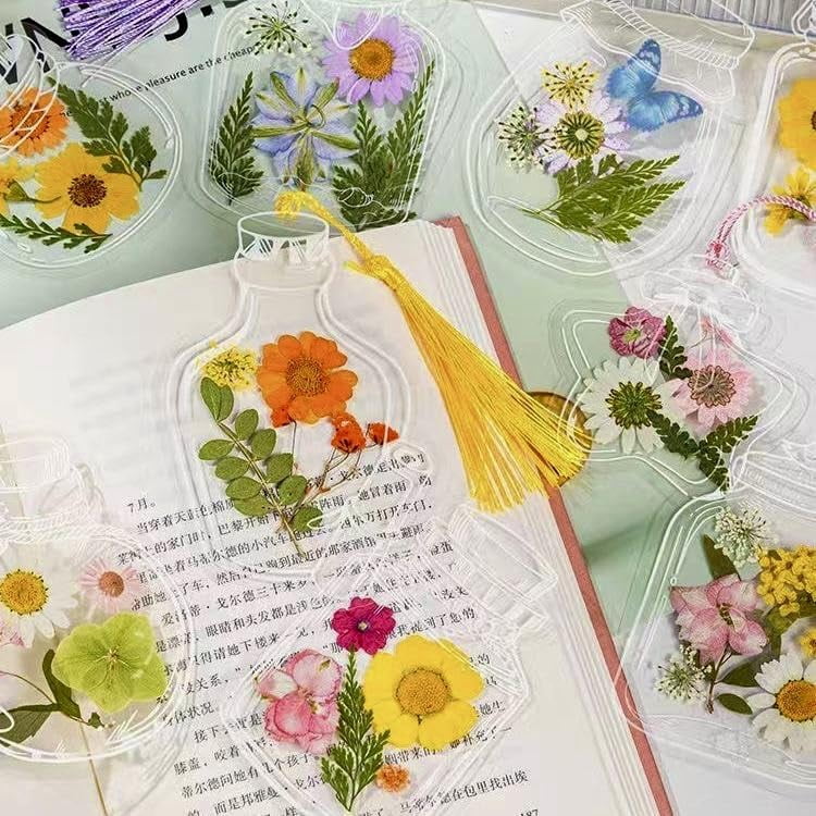 Transparent Dried Flower Bookmarks, 2026 Upgraded DIY Clear Bookmark Making Kit with Jars and Stickers