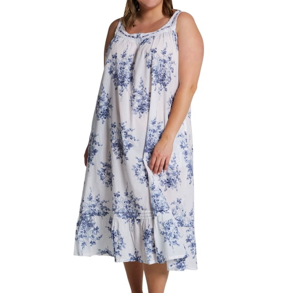 Women's La Cera 1211GX Plus 100% Cotton Woven S/L Floral Lace Yoke Gown (White/Blue 3X)