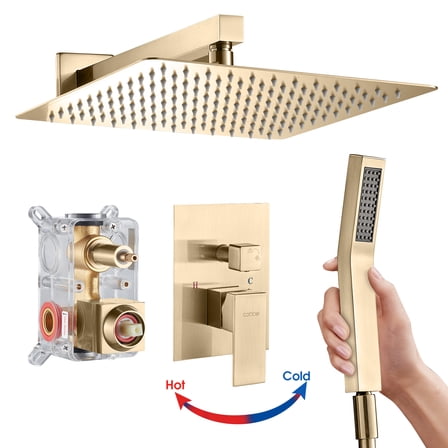 Cobbe Shower Set,12-inch Rainfall Shower Head with Handheld Sprayer,Shower system for Bathroom Rough-in Valve Body and Trim Included, Brushed Gold