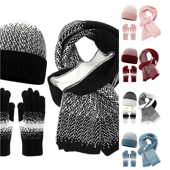 XIAOCHA Men's Fleece‑Lined Beanie Hat Speckled Print Outdoor Hiking Scarf Touchscreen Gloves Fall Winter Handwear,Black