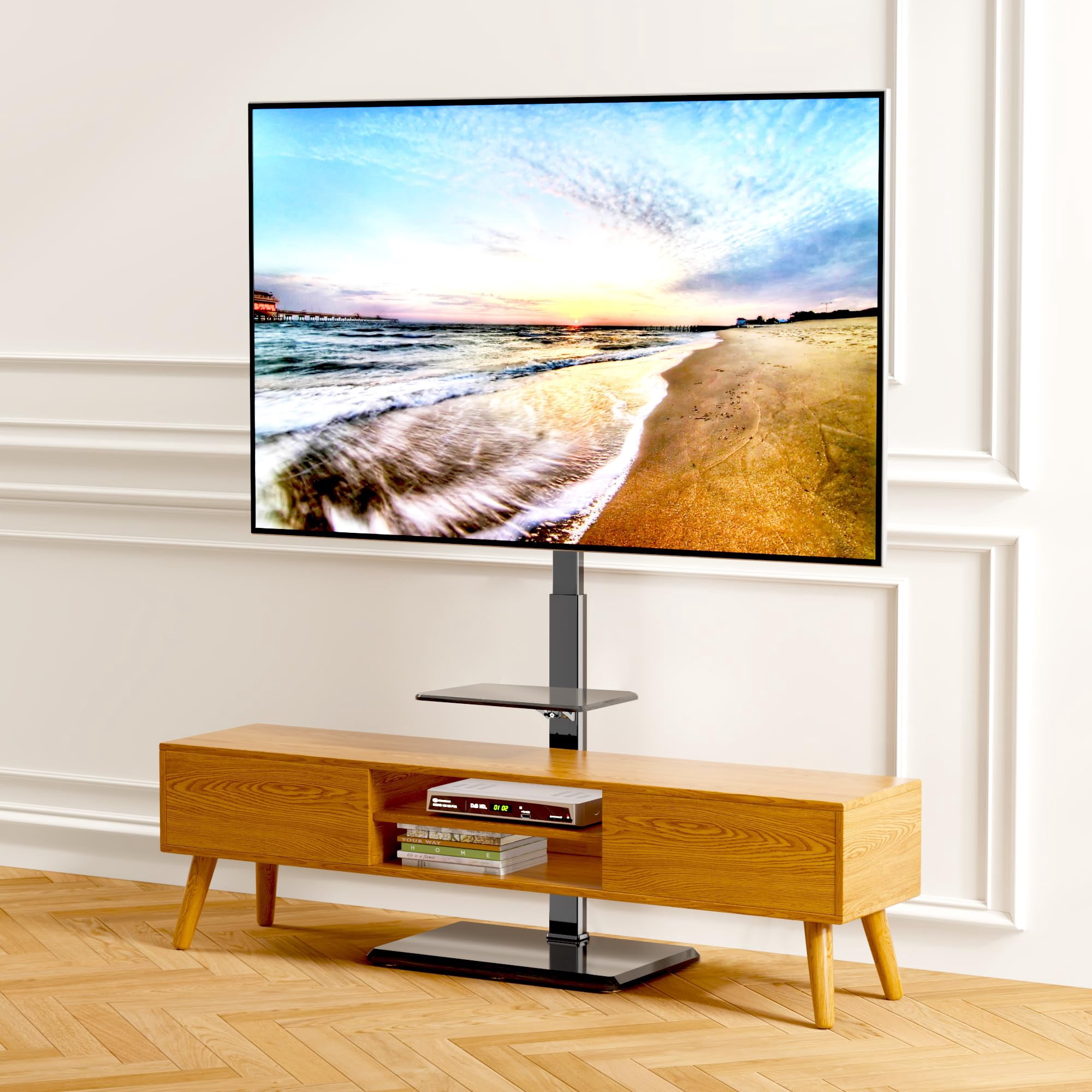 Afaloona Universal Floor TV Stand,TV Floor Mount Stand with Removable Shelf for 32-75 inch TV up to 110 lbs, Swivel and Height Adjustable Tall TV Stand for Bedroom,Office