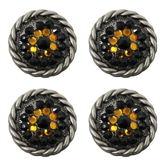 Set of 4 Western Tack Screw Back 1" Engraved Conchos w/ Yellow Rhinestones CO437