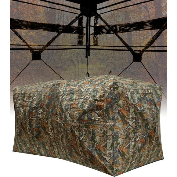 Hunting Blinds, 270 Degree See Through Pop Up Ground Blind for 2-4 Person, Outdoor Turkey Gear, Waterproof Camouflage Tent with Silent Magnetic Door, Easy to Carry, for Deer & Turkey Hunting