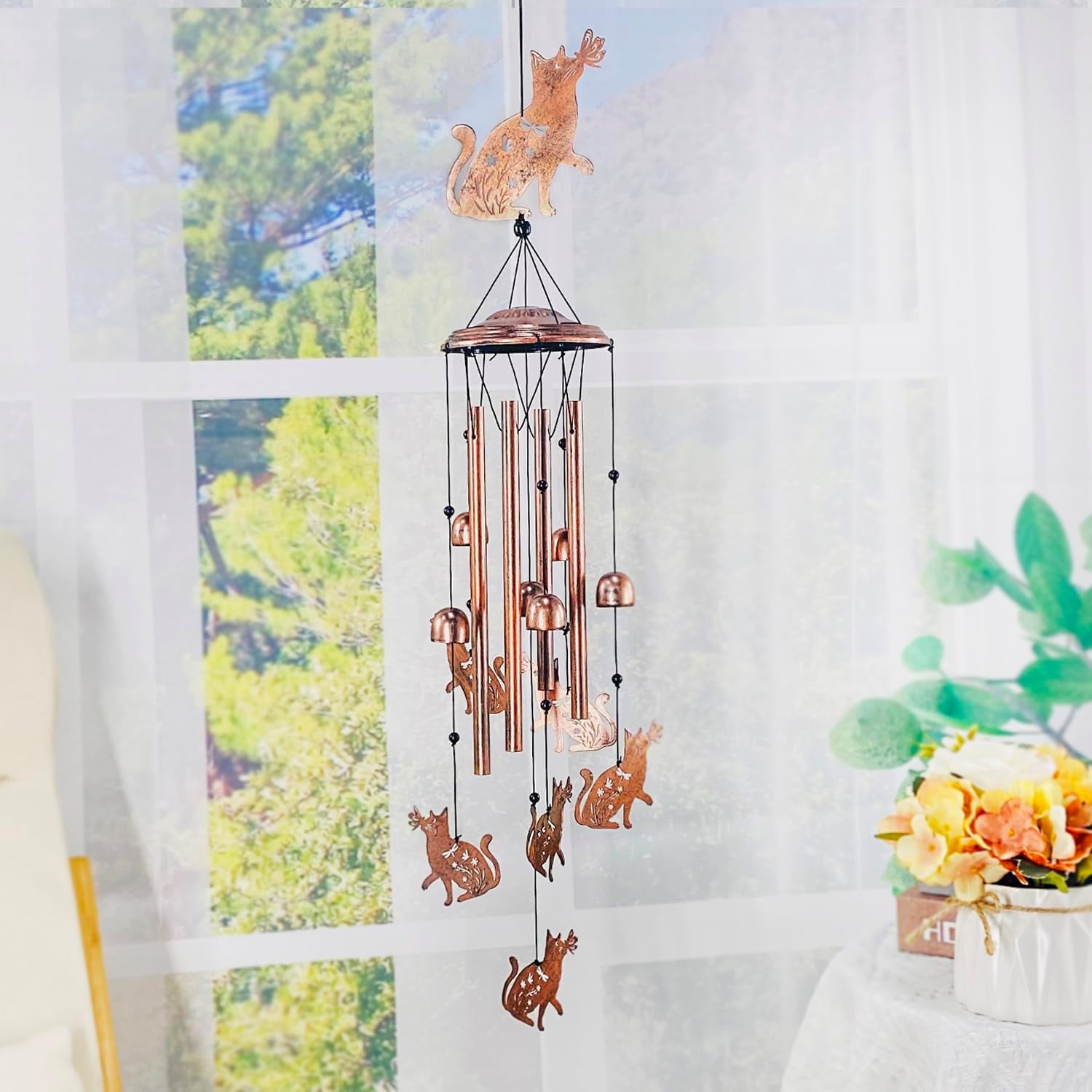 Cat Wind Chimes Outdoor Metal, Handmade Garden Windchime with Aluminum Tubes Bells, Antique Bronze Cat Decor for Patio Porch Yard, Cat Lover Gifts for Women Men(wwx)