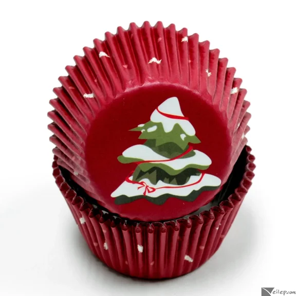 Festive Christmas Tree W Snow Standard Paper Cupcake Liners, 50 Ct, Red