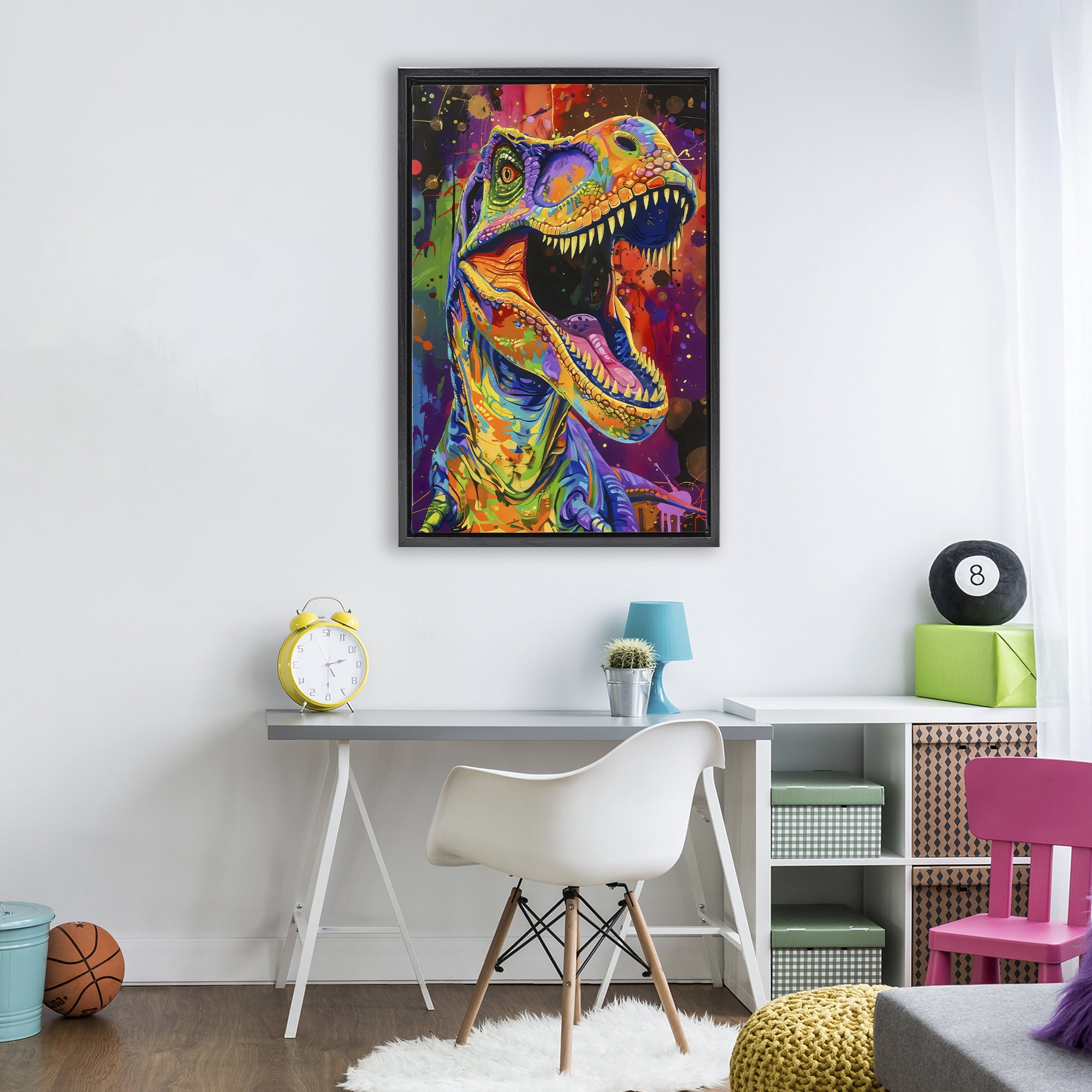 Stupell Industries Paint Splatter Urban T-Rex Black Framed Floater Canvas Wall Art, design by Creative Studio