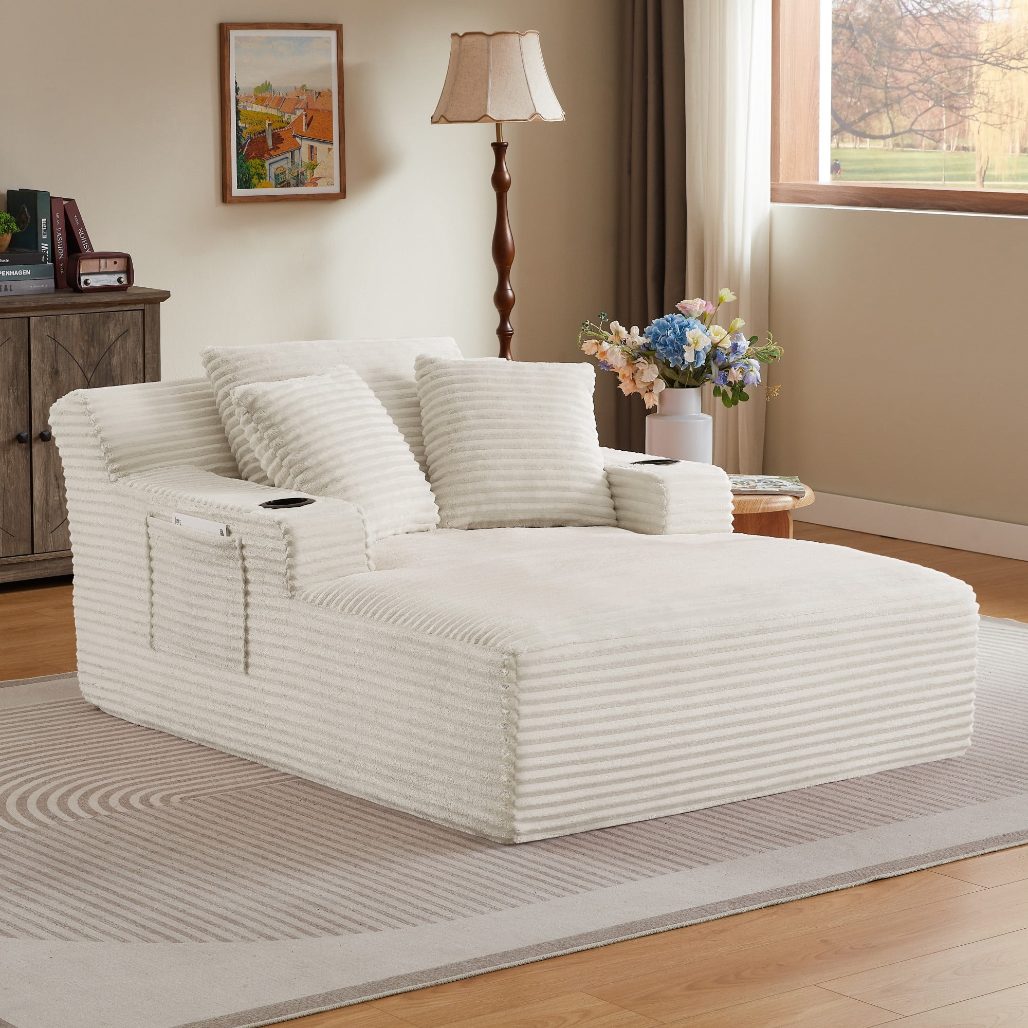 BSHTI 66.1" Corduroy Oversized Chaise Lounge Chair with Cup Holder, Side Pockets and Boneless Design for Living Room（White）