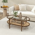 thumbnail image 3 of Topbuy 2-Tier Acacia Wood Coffee Table Mid-Century Modern Rectangular Center Table with Glass Tabletop and Imitation Rattan Storage Shelf, 3 of 7