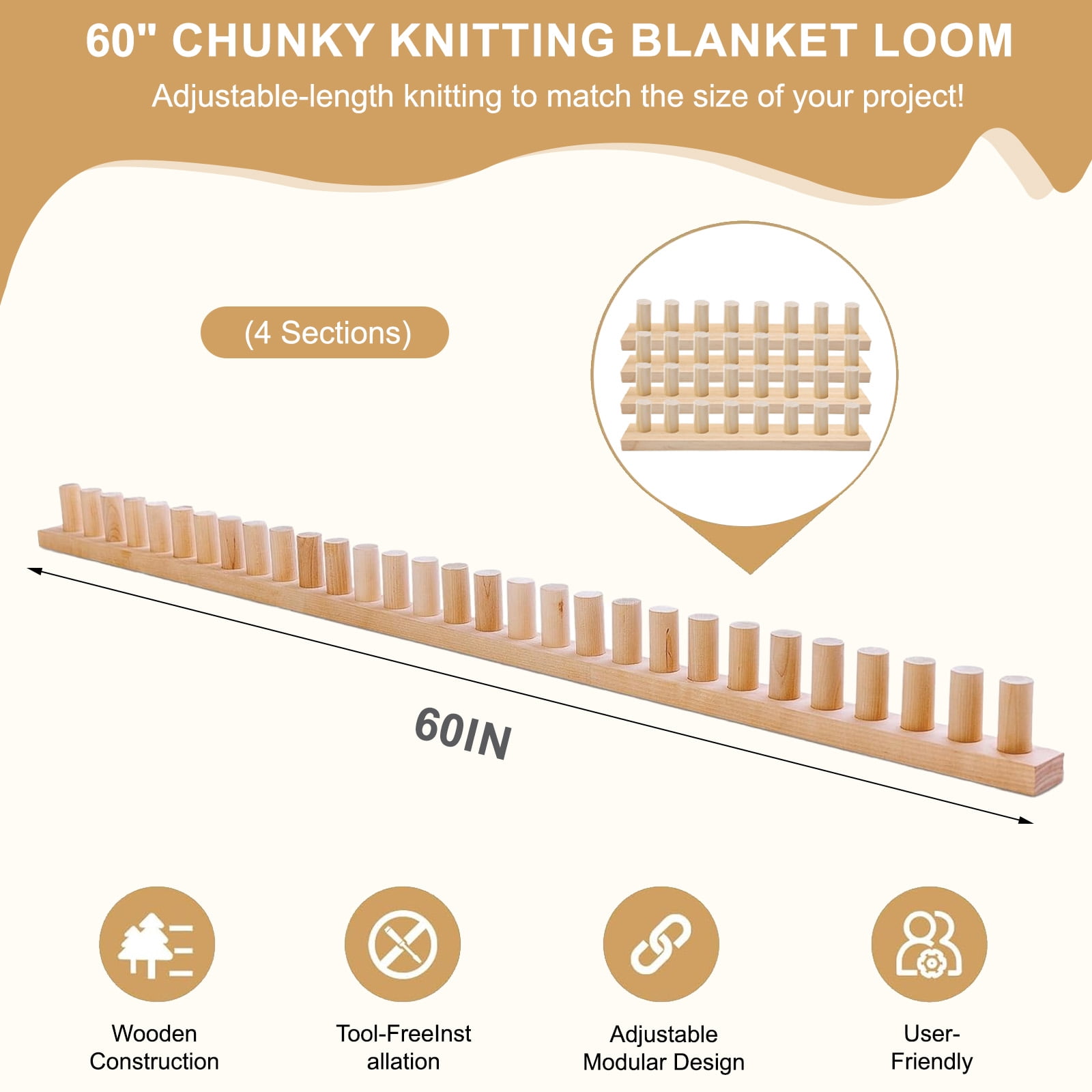 Wooden Chunky Blanket Loom, Portable Hand Knitting Loom, Expandable Connections for Beginners, Reusable for Bulky Yarn Crafts, Scarves ,Throw