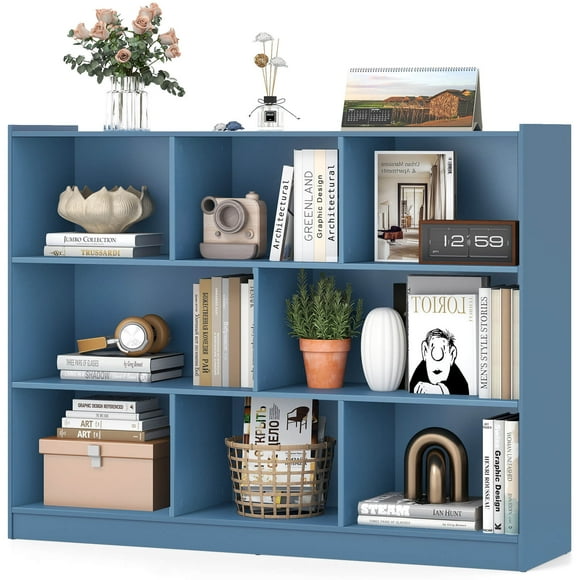 Costway 8 Cube 3-Tier Open Wooden Bookshelf Toy Storage Organizer with Anti-toppling Kits Blue