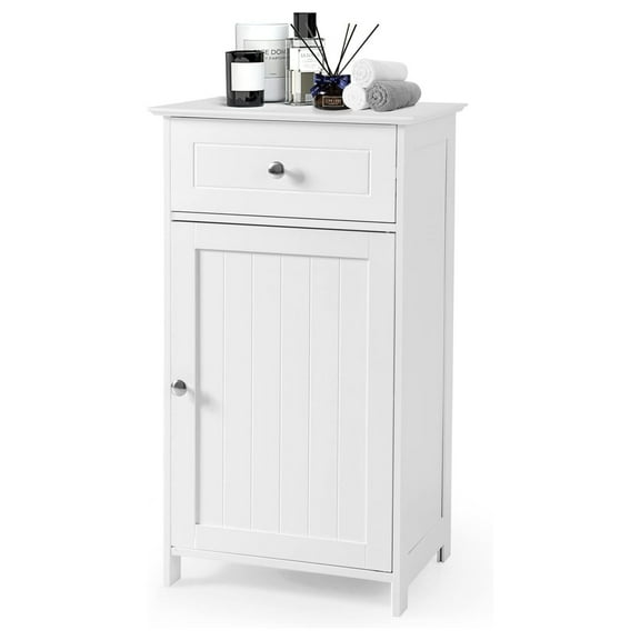 Bathroom Floor Cabinet, Single Door Side Storage Cabinet with Drawer, Wooden Storage Organizer for Bathroom, Living Room, Entryway, 17 x 13.5 x 30.5 inches (White)