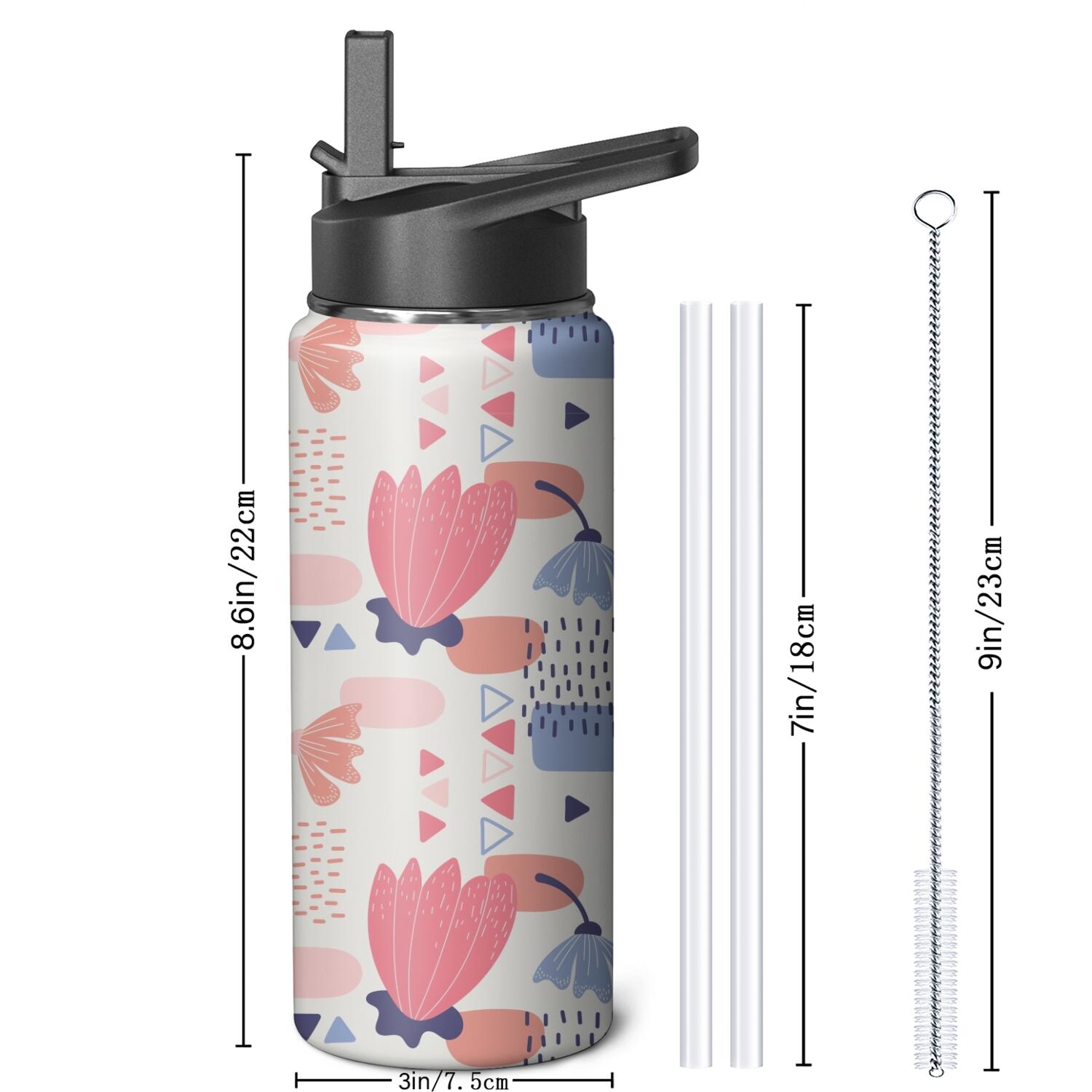 Modern 18 oz Insulated Stainless Steel Water Bottle with Straw & Cleaning Brush , Leakproof, BPA-Free, 304 Stainless Steel, Wide Mouth, Travel Mug for Car, Gym, Office