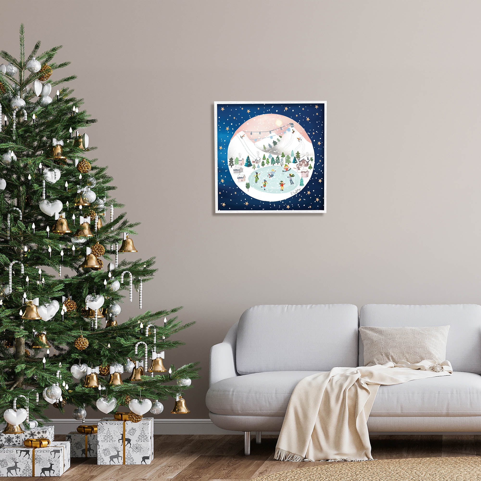 Stupell Industries Ice Skating Christmas Snow Scene Holiday Painting White Framed Art Print Wall Art