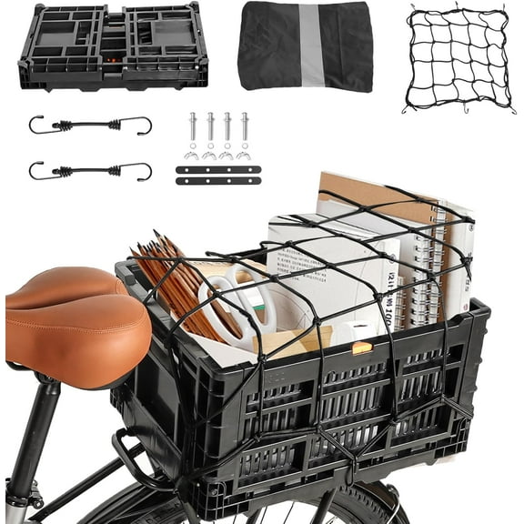 Rear Bike Basket, Foldable Rear Rack Bicycle Basket with Mesh Pocket Waterproof Cover Reflective Strip for Adult Bikes Easy to Assemble and Carry for Pets Fruit