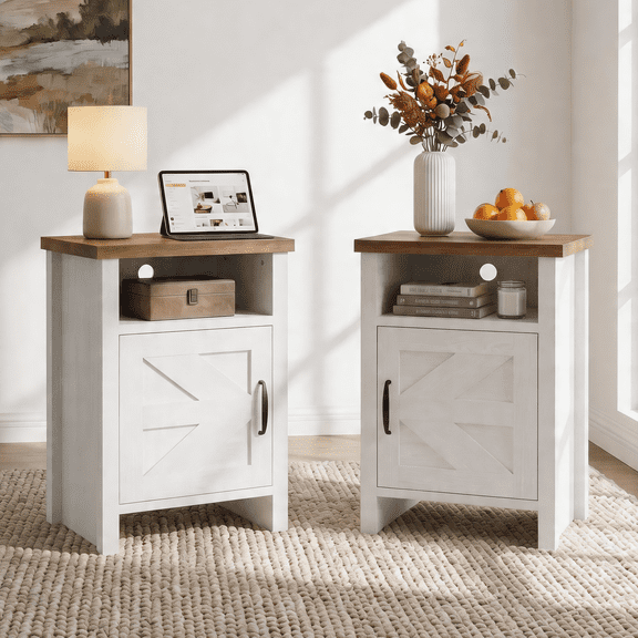 Furmax Farmhouse End Table, Nightstand Set of 2 with Barn Door and Shelf, Side Table for Living Room Bedroom, White