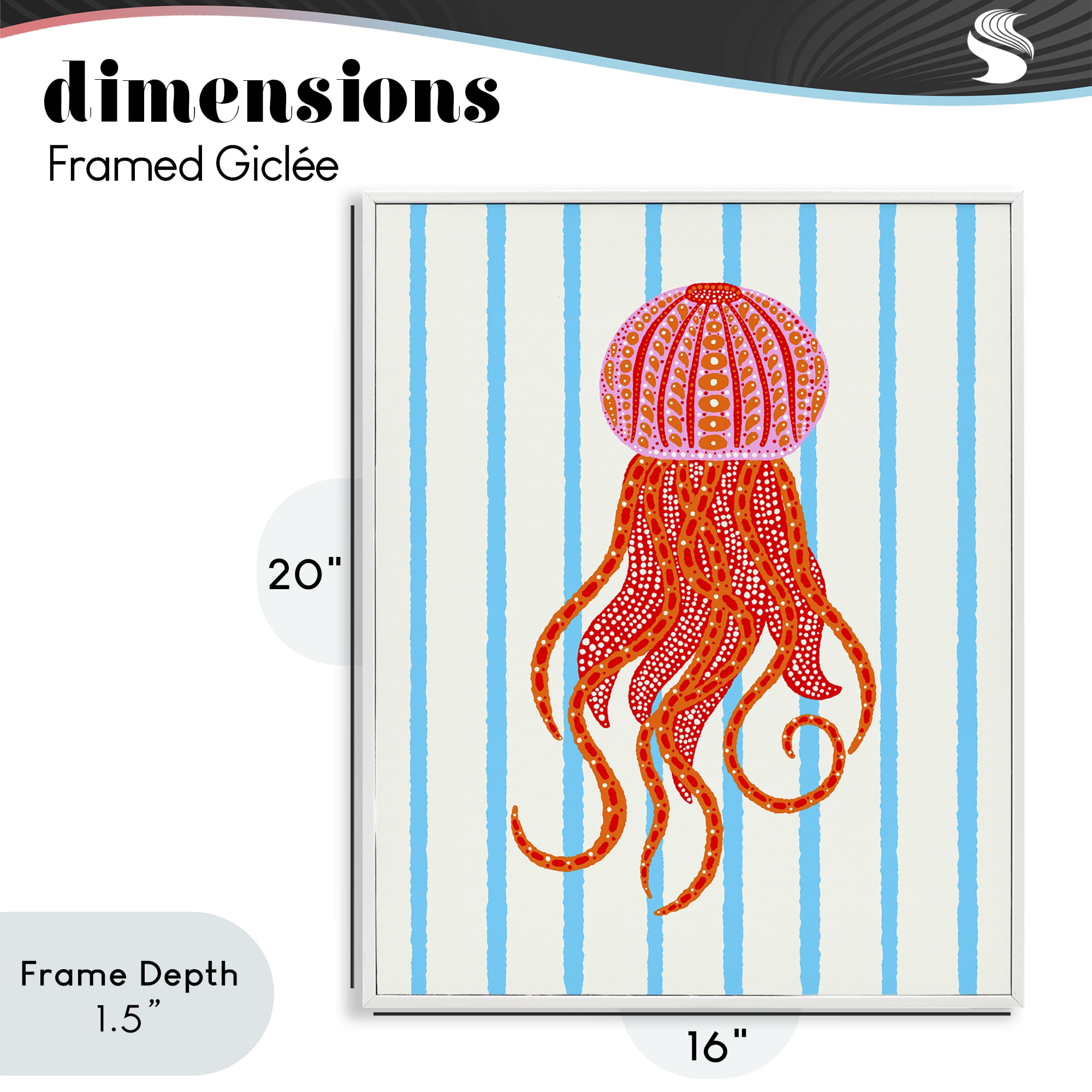 Stupell Industries Bright Aquatic Jellyfish on Stripes White Framed Giclee Art, design by Indira Prieto | IndySign