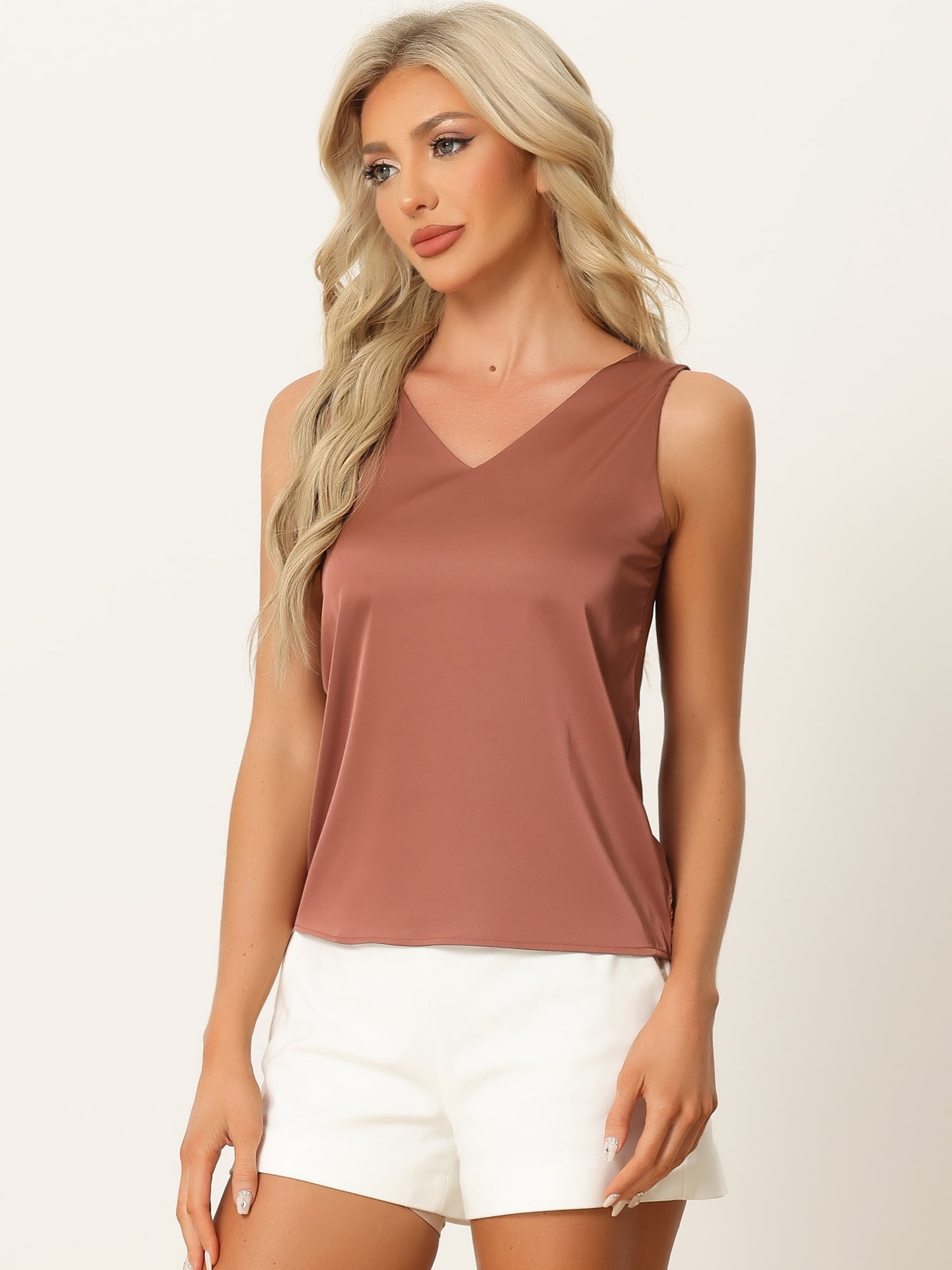 DARING DIVA Women's Satin Tank Top Silky Basic V Neck Sleeveless Blouse XS Brick Red