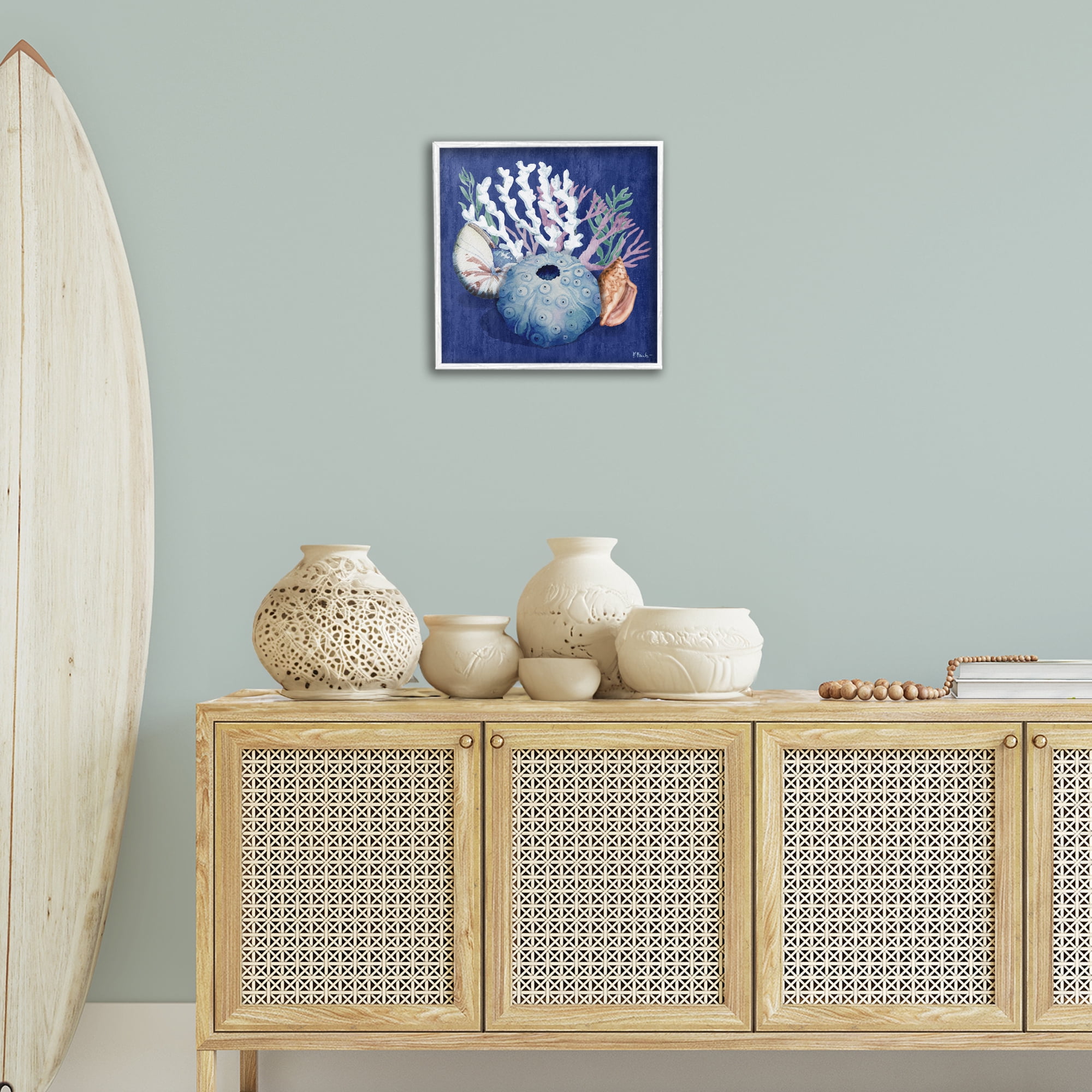 Stupell Industries Sea Urchin & Coral Coastal Painting White Framed Art Print Wall Art, 17 x 17