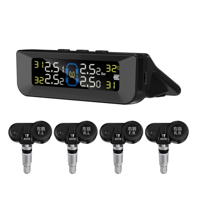 Tire Pressure Monitoring System, Wireless Solar Tire Pressure Monitor System with LCD Display, Voice Function, 6 Alarm Modes and 4 Internal Sensors, Real-time Display Tire Pressure Monitor S