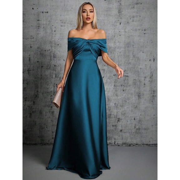 Teal Blue Off Shoulder Twist Ruched Satin Evening Gown Maxi Dress