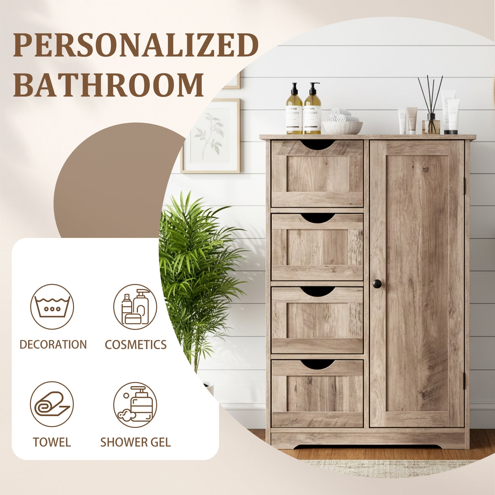 Ktaxon Wooden Bathroom Floor Cabinet, Side Storage Organizer with 4 Drawers, 1 Cupboard & 2-Shelves, Vintage Washed Gray