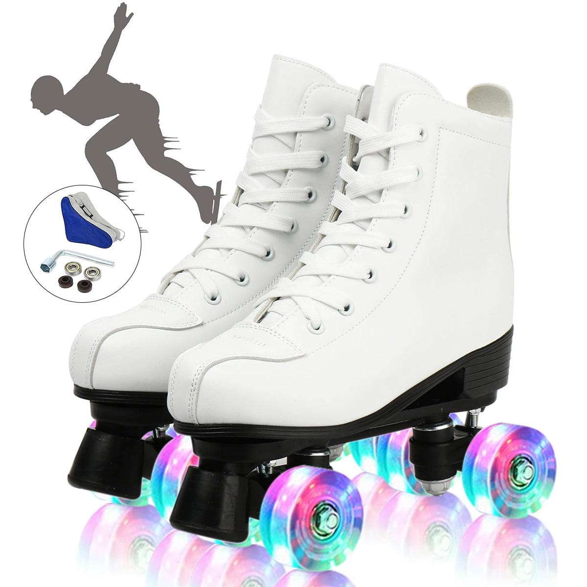 EONROACOO Adult & Kids Roller Skates, Shiny Wheels Double-Row Quad Skates(White, Women 7/Men 5.5)