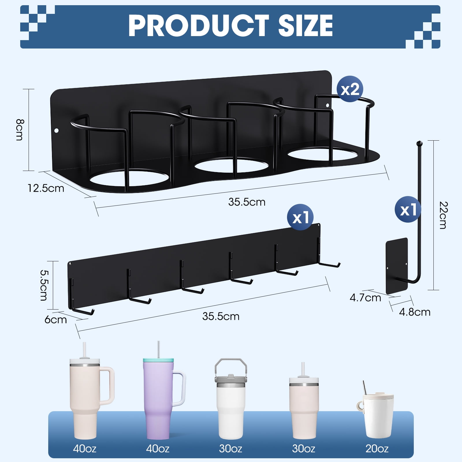 Magnetic Cup Holder for Fridge,Tumbler Organizer Fits 20/30/40 oz Cups, Accessory Storage with Lid & Straw Holder, Space-Saving Storage Rack for Kitchen Fridge (4PCS Black-Cup Holder Set)