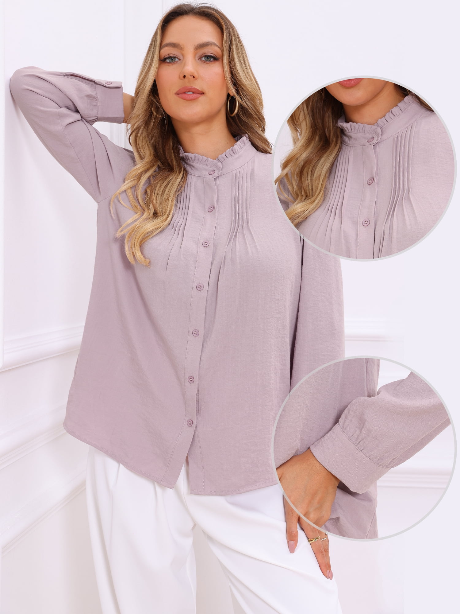 DARING DIVA Women's Long Sleeve Button Down Ruffled Collar Pleated Trim Top XS Grey Pink