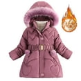 thumbnail image 2 of CUZIBR Girls Winter Coat Long Sleeve Solid Color Hooded Zipper Padded Jacket Mid-Length Plus Thickening Warm Tops With Elastic Belt Fashion Heavyweight Comfy Outwear,Purple,5-6 Years, 2 of 9