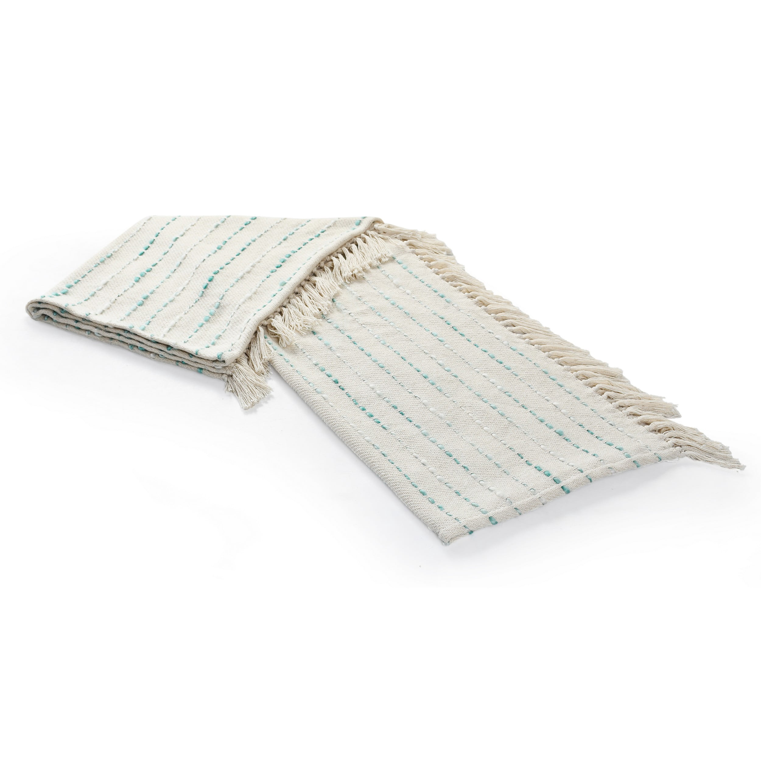 LR Home Melanie Teal/Cream Striped Embroidered with Fringe Adult Cotton Throw Blanket, 50" x 60"