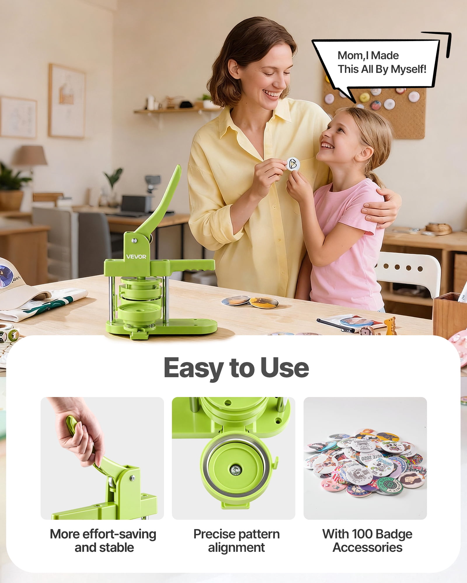 VEVOR Button Maker Machine, 2.95 in, Plastic Pin Maker with 100pcs Button Parts, Mr. Panda Magic Book, Circle Cutter and Hex Wrenches, Reinforced Ergonomic Handle, for DIY Badges, Personalized Pins