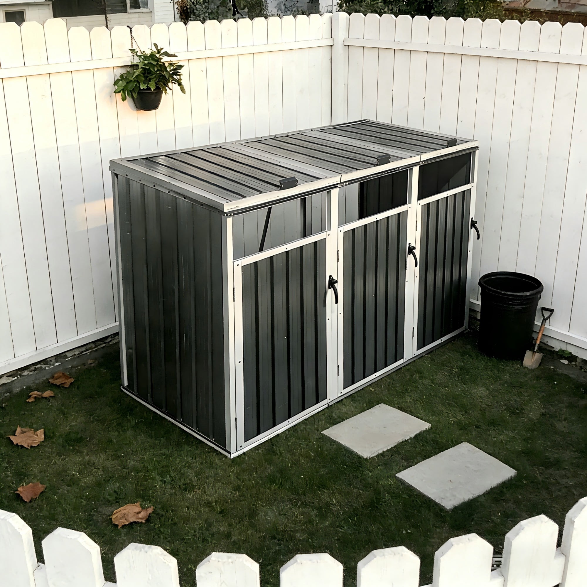 Aukfa 7.3' W Outdoor Garbage Bin Storage, Metal Storage Shed for 3 Trash Cans Tools, Waterproof Trash Can Storage, Gray