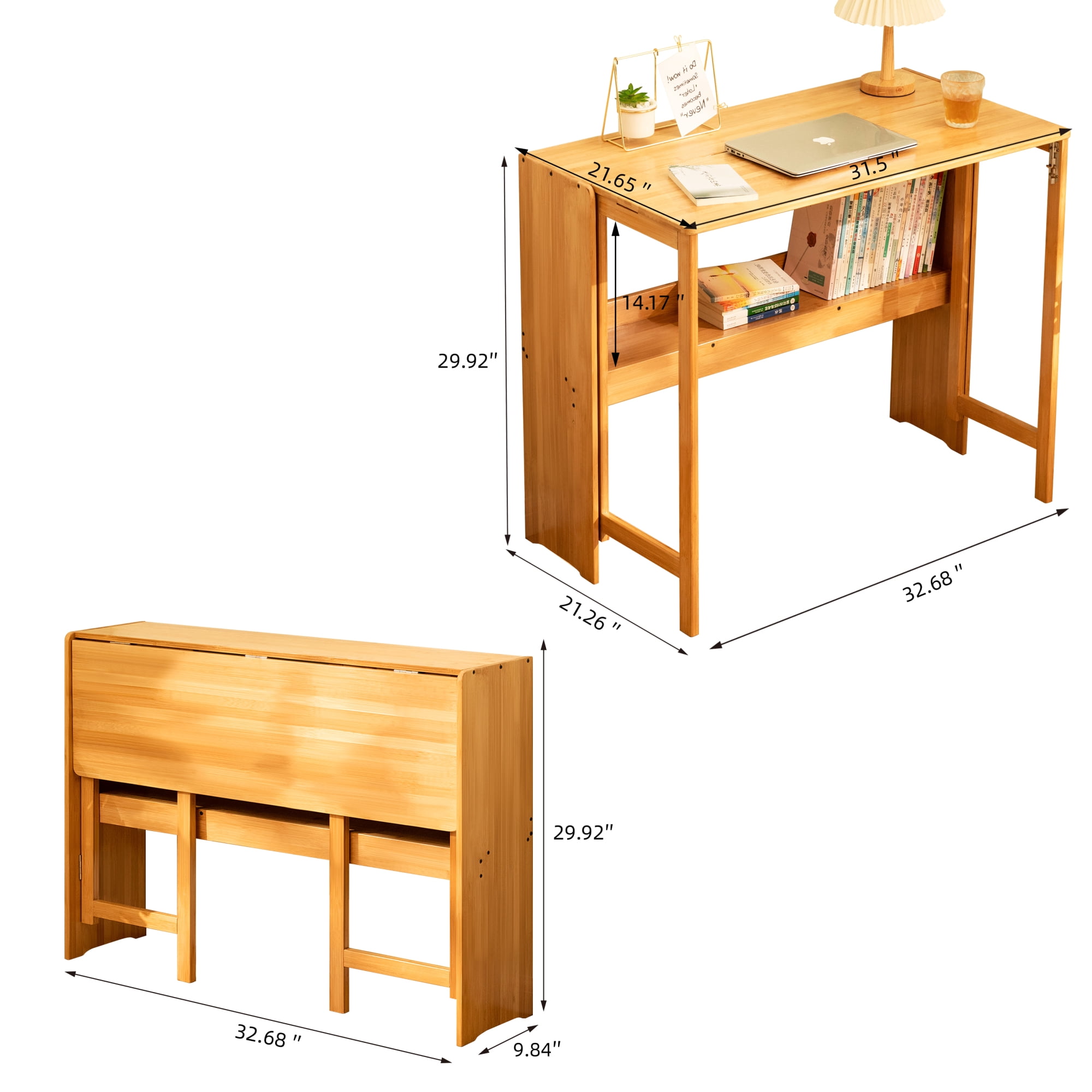 Leumius Bamboo Folding Desk,Space-Saving Computer Desk for Small Spaces, Foldable Study Table for Bedroom Home Office Dorm Apartment (Natural)