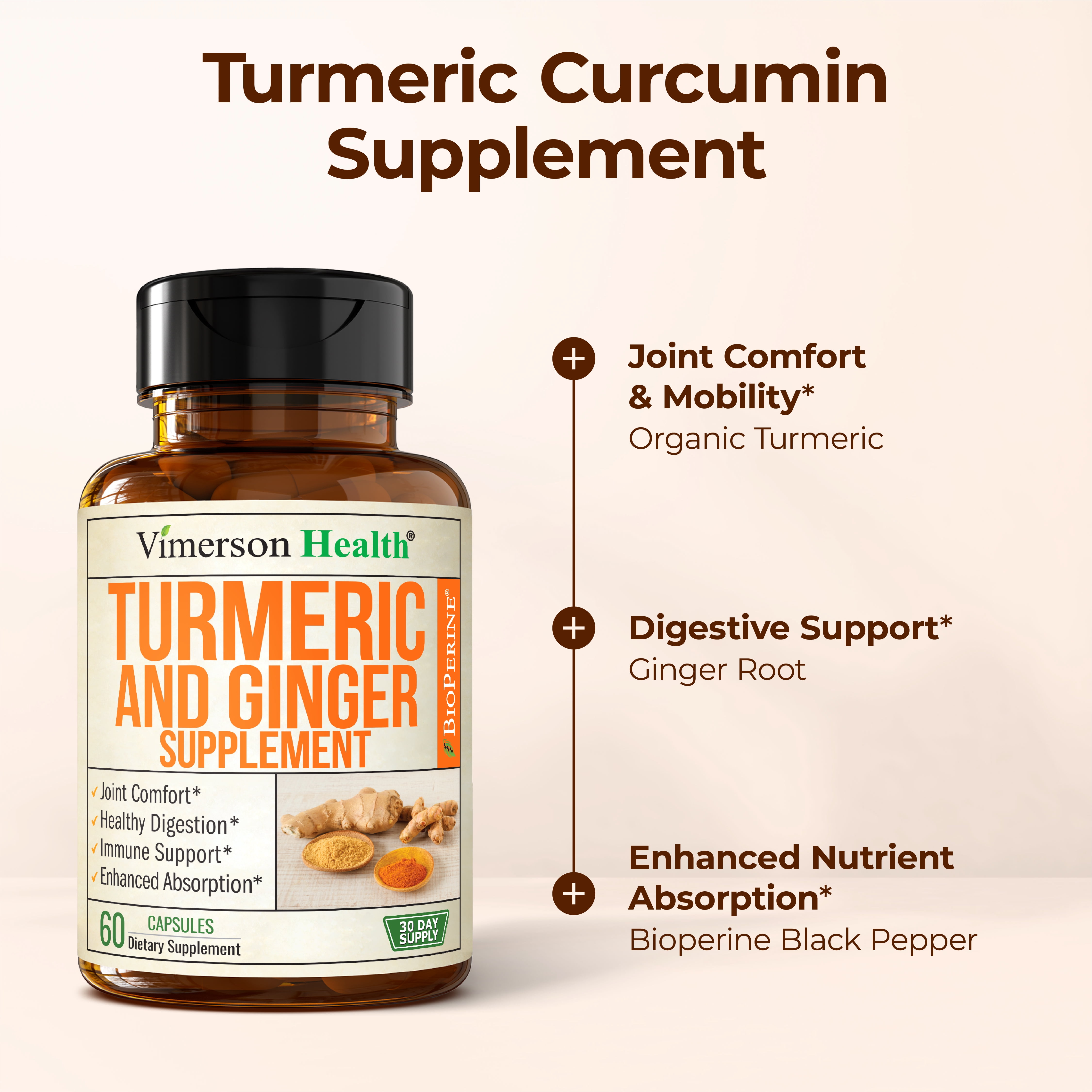 Vimerson Health Turmeric Supplement with Ginger Root & Black Pepper for Enhanced Absorption – Daily Joint, Digestion & Immune Support – 60 Capsules