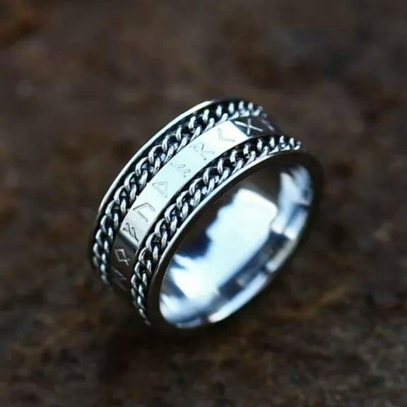 K-KED Mystic Viking Runes Wedding Band Unisex Stainless Steel Cable Chain Spinner Ring-7-Silver