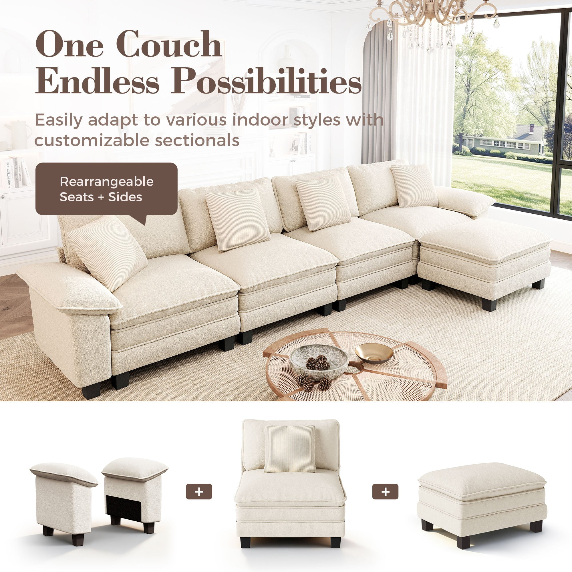 MF Studio Modular Cloud Couch Set, 4-Seater Oversized Loveseat Sofa Set with Removable Armrests, Comfy Chenille Fabric, White