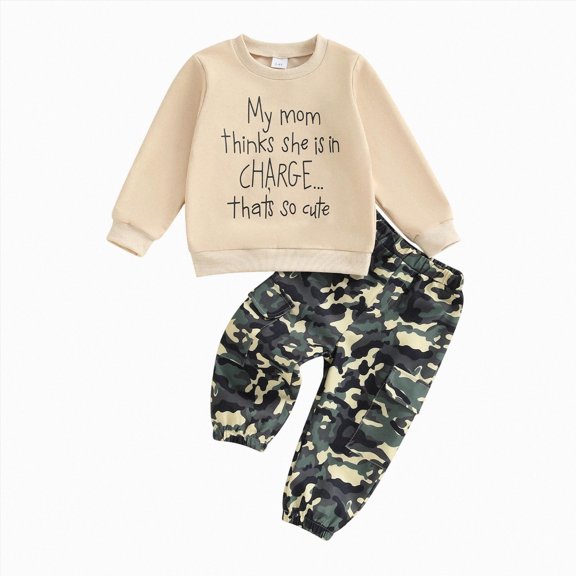 Gubotare Toddler Kids Baby Boy Fall Clothes 2T 3T 4T 5T 6T Letter Print Long Sleeve Tops Camouflage Pants Winter Outfits Beige,Size 3-4 Years