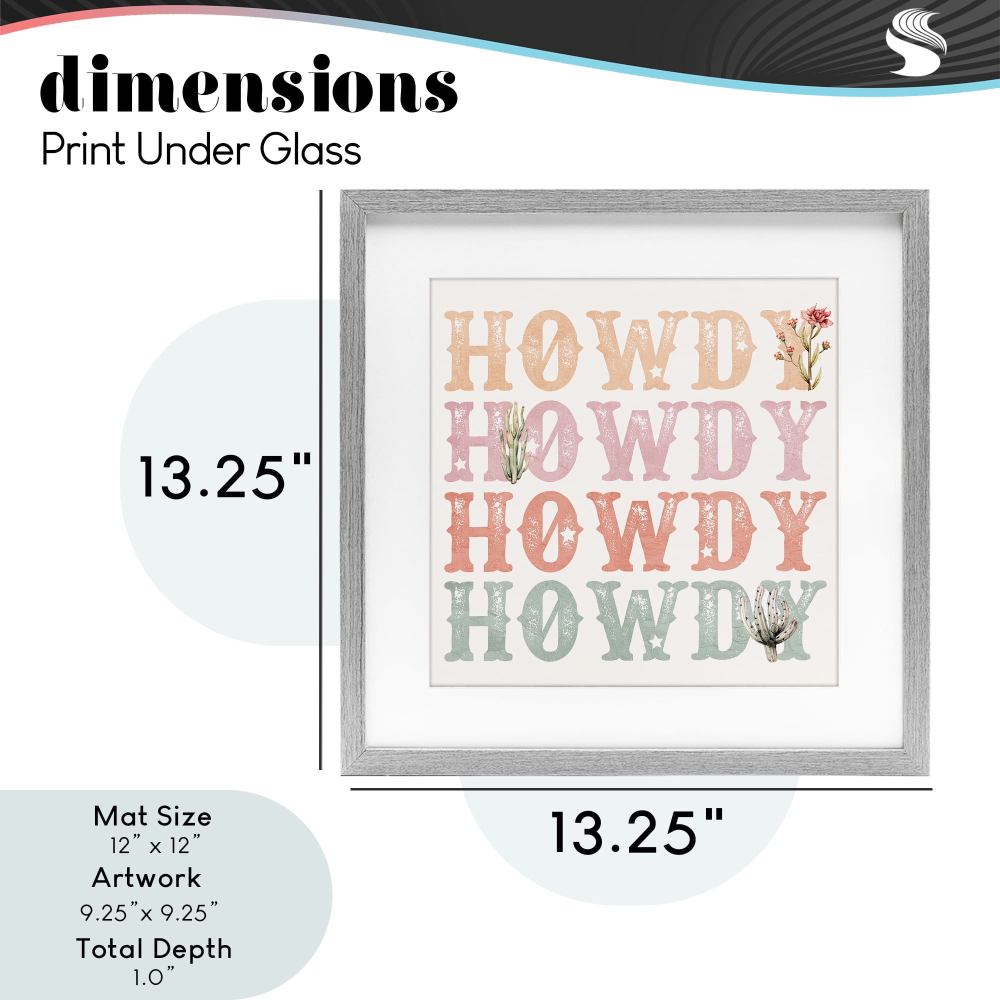 Vintage Howdy Rainbow Text Gray Framed Print Under Glass, design by Kim Allen