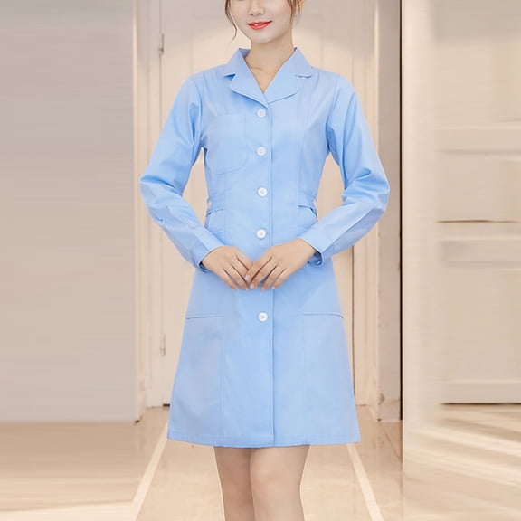 HAJWOH Womens Nurse Scrubs Dress Lapel Neck Long Sleeve Button Work Dresses Stretchy Comfort Workwear Blue L