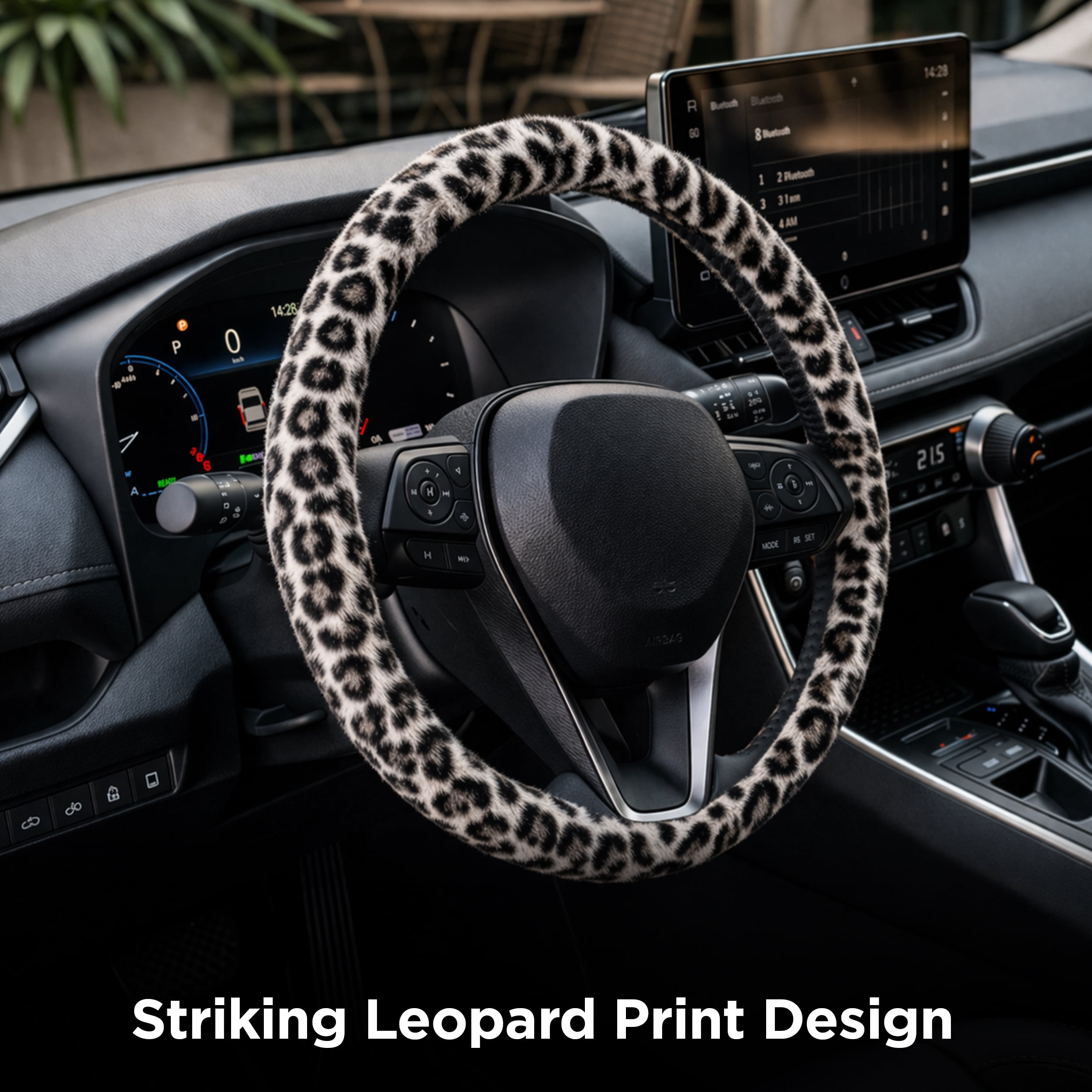 Auto Drive Leopard Print Steering Wheel Cover for Cars, Trucks, and SUVs, White