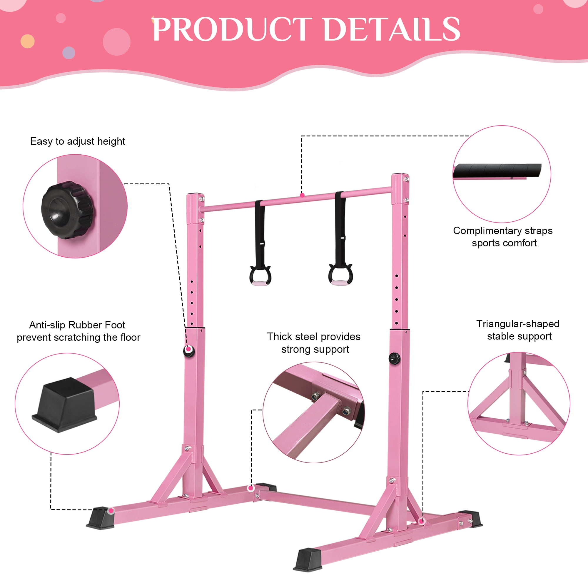 Primy 230LBS Gymnastics Bar for Kids, 39~61in Adjustable Height Steel Gymnastic Horizontal Bars, Stable Gymnastics Equipment Junior Training Bar for Home Using for Children