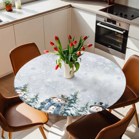Round Fitted Tablecloth with Elastic Edge, Christmas Snowman Trees Fitted Table Cloth for Round Tables 36-44in, Winter Snowflakes Waterproof Tablecloth for Outdoor Picnic Party