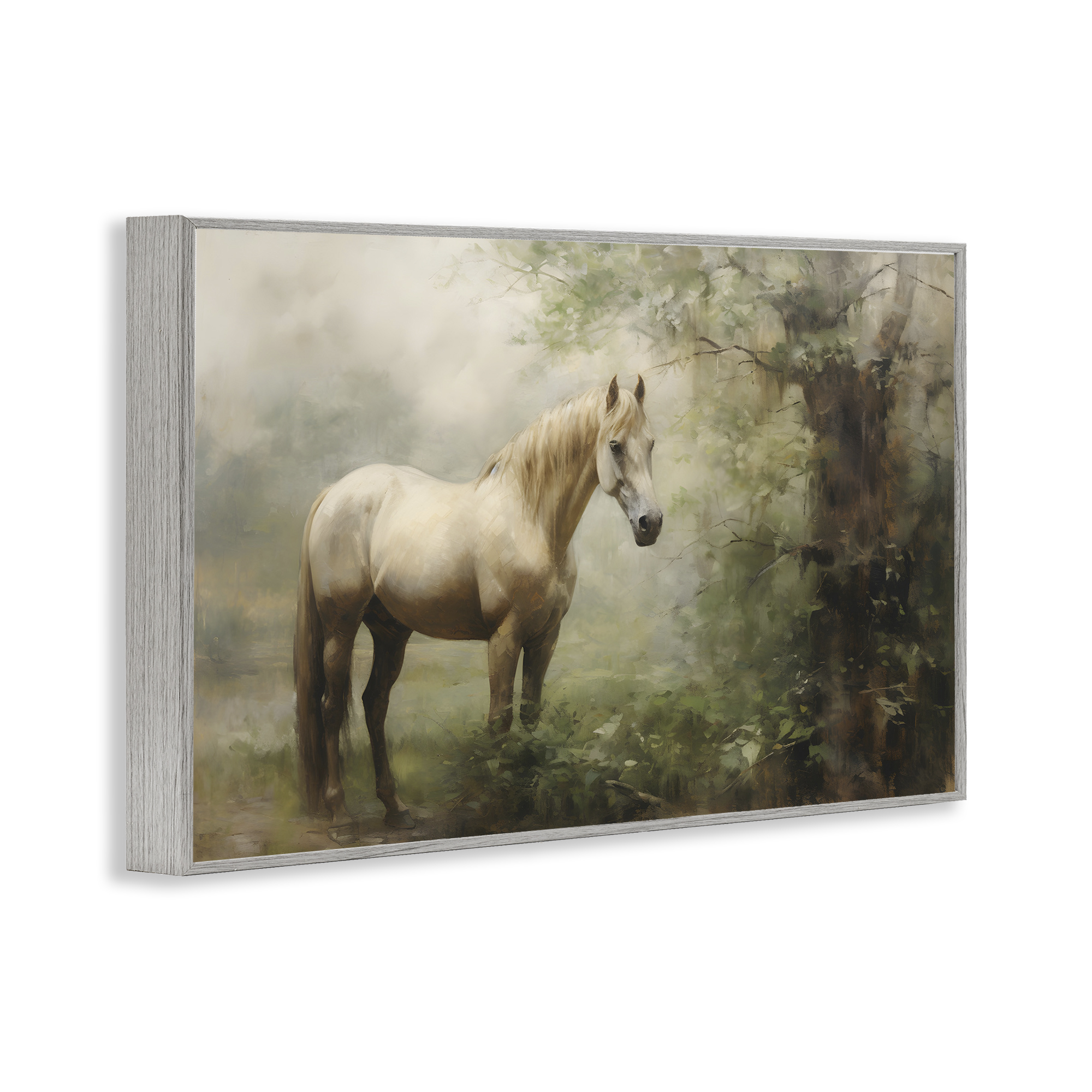 Stupell Industries Horse in Forest Woods Landscape Painting Gray Framed Art Print Wall Art, 18 x 12