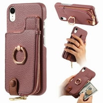 Compatible for iPhone XR Zipper Wallet Case with Card Holder, Rotation Ring Kickstand Case, PU Leather Card Slots RFID Blocking Protection Phone Case Shockproof Cover, Purple